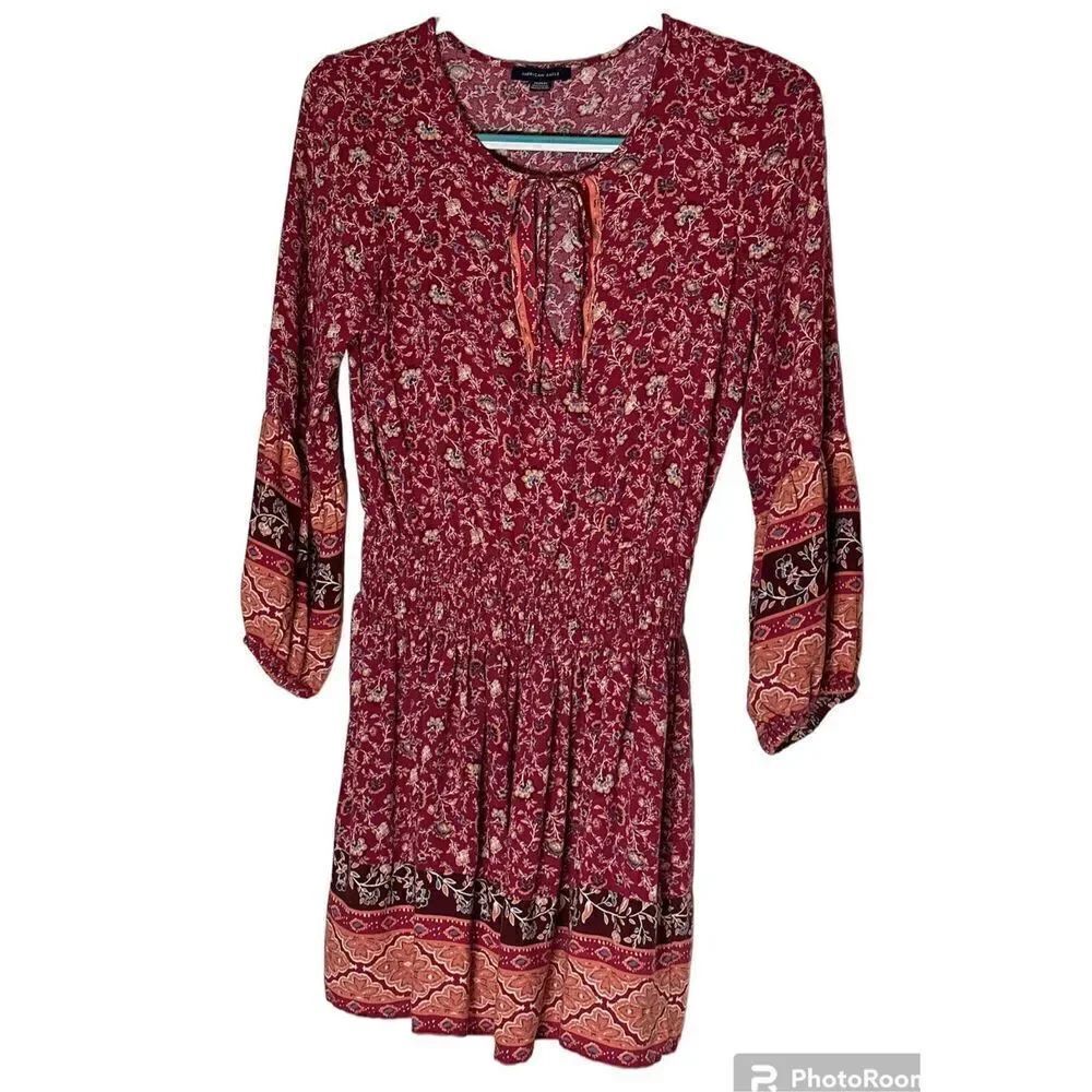 American Eagle Outfitters red floral long sleeve dress size M